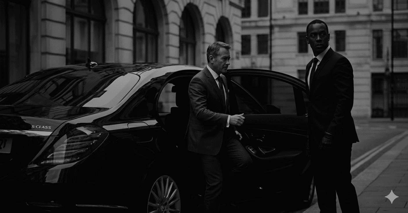 A close protection officer accompanying a client from a vehicle outside a classical London building.